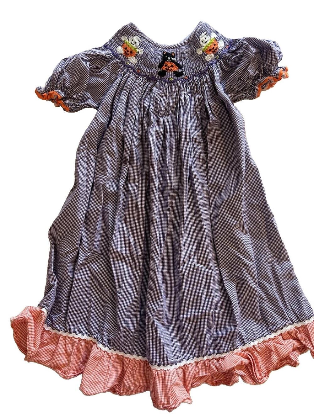 Barefoot Smocked Halloween Dress Purple Orange Gingham Lined Cotton Girls Sz 4T